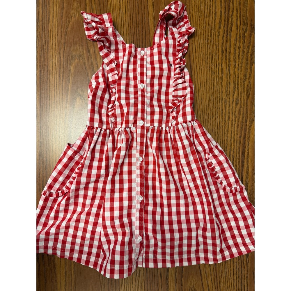 Tommy Hilfiger Girls Red Gingham Ruffle Button Front Cross Back Dress Size 6